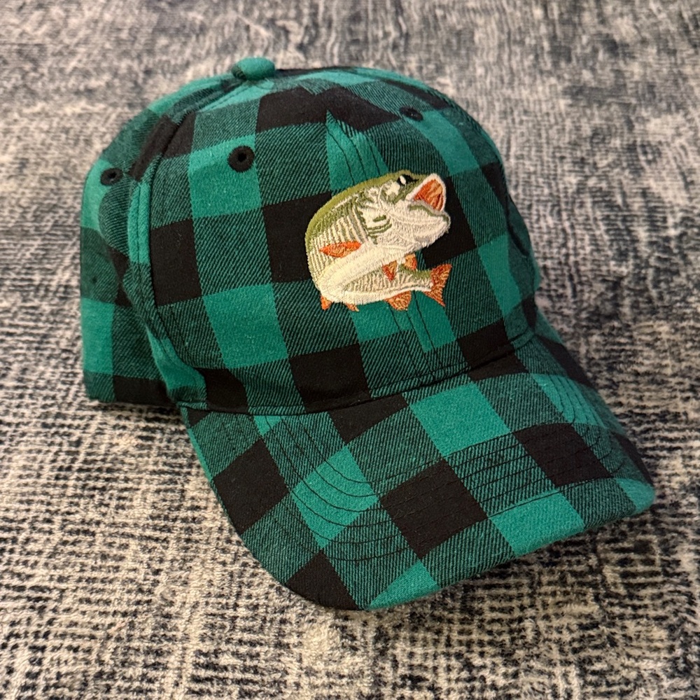 Green and Black Checkered Fish Embroidered Cap